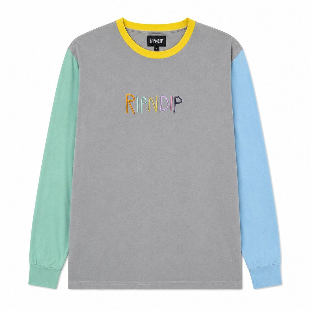 RIPNDIP Shirt Men's Small Gray Pastel Colorblock Long Sleeve Graphic Ringer Tee
